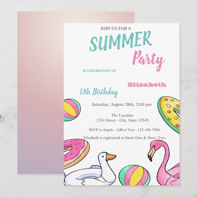 Poolparty sommar födelsedagsfest inbjudningar (Fram/baksida)