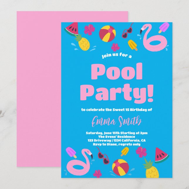 Poolparty sommar födelsedagsinbjudan inbjudningar (Fram/baksida)