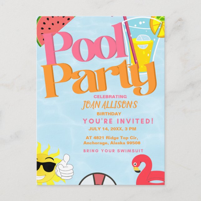 Poolparty sommar födelsedagsinbjudan vattenmelon vykort (Framsida)