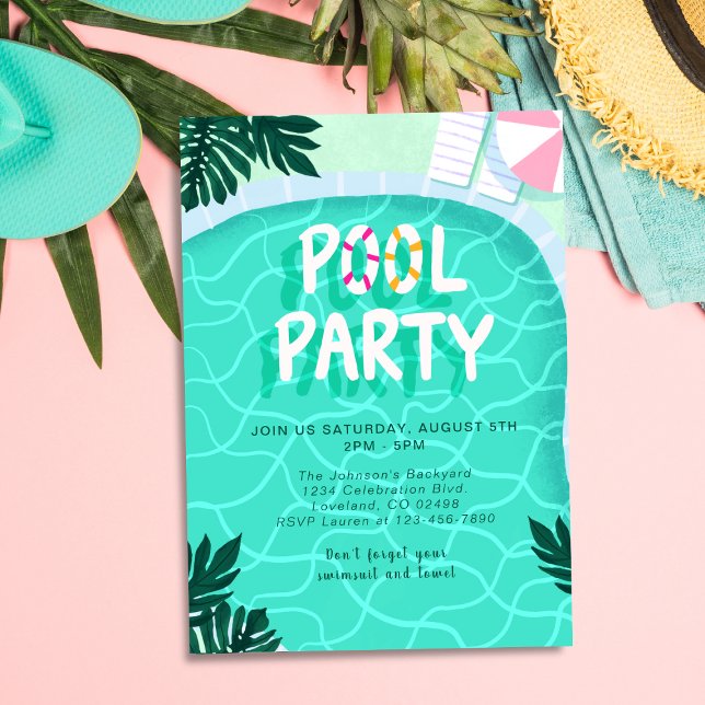 Poolparty sommar modern tropisk trendig kul cool inbjudningar (Skapare uppladdad)