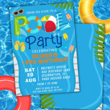 Poolparty sommar pojke födelsedagsinbjudan
