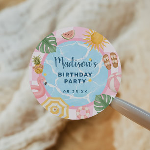 Poolparty sommar tjej födelsedag runt klistermärke