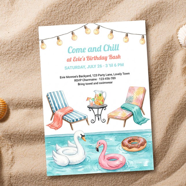 Poolparty sommarflottör bakgård födelsedagsfirande inbjudningar (Summer pool party birthday invitation by Darling & May)