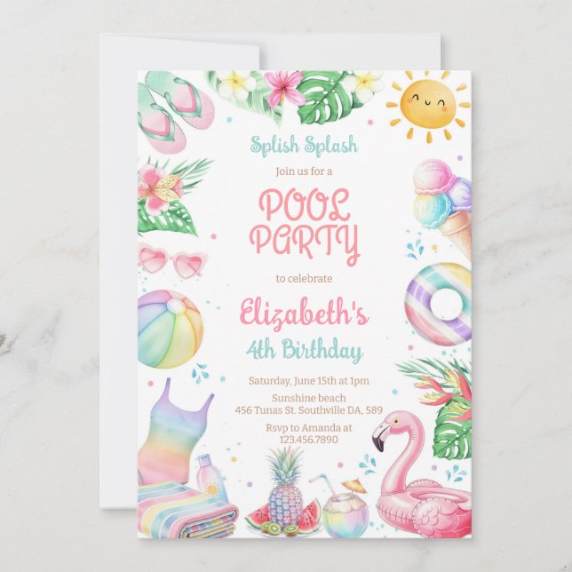 Poolparty Stänk och Glada Sommarstrand Födelsedag Inbjudningar (Framsida)