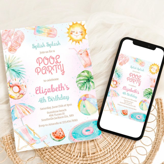 Poolparty Stänk och Glada Sommarstrand Födelsedag Inbjudningar (Skapare uppladdad)