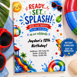 Poolparty vattenrutschbana födelsedagsinbjudan för inbjudningar