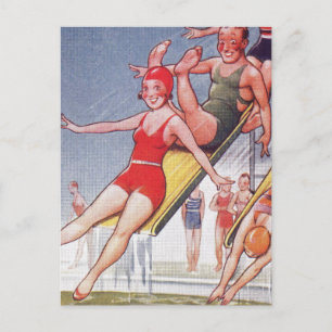 Poolparty Vintage Simning Sommar Vykort