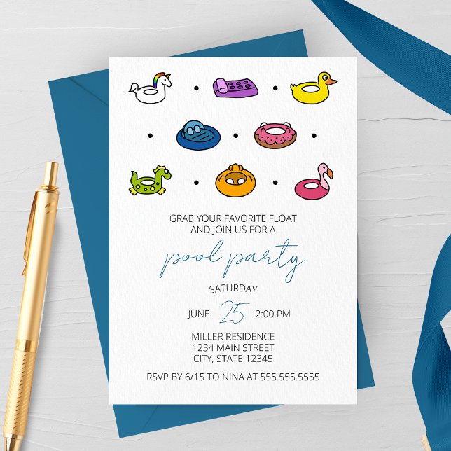 Poolräftsikoner Poolparty-inbjudan Inbjudningar (Pool Party Raft Icons Party Invitation )