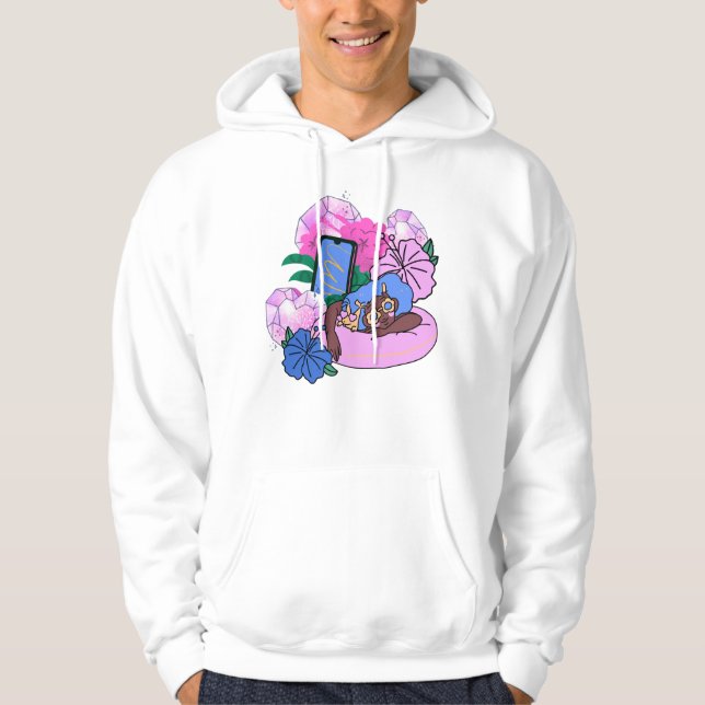Poolrelax med blått hår och valp hoodie (Framsida)