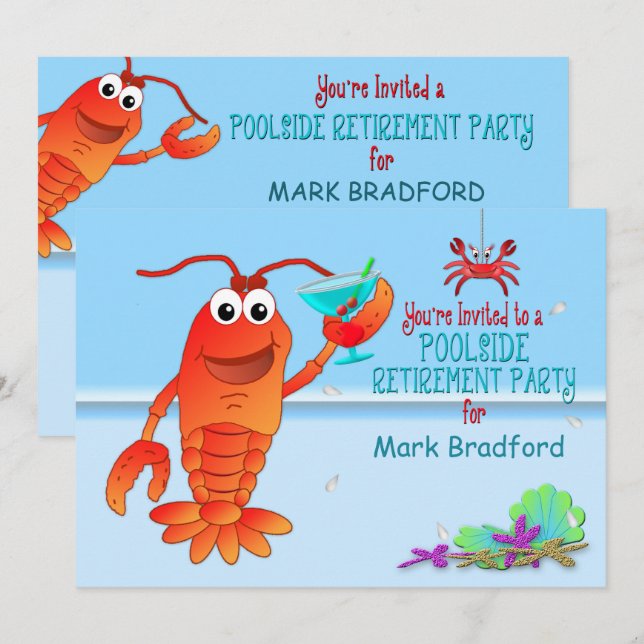 POOLSIDE PENSION PARTY INVITATION - LOBSTER INBJUDNINGAR (Fram/baksida)