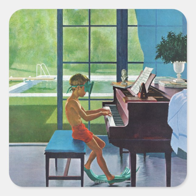 Poolside Piano Practice Fyrkantigt Klistermärke (Framsida)