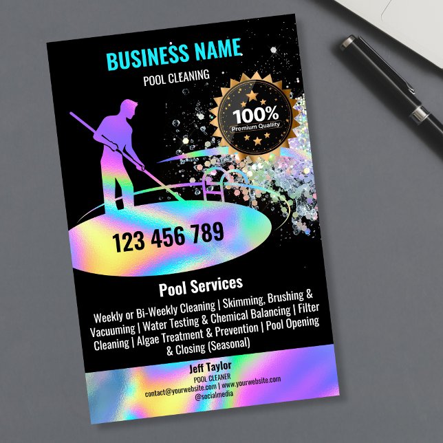 Poolstädningstjänster Poolunderhåll och reparation Flygblad (holographic pool guy logo flyer)
