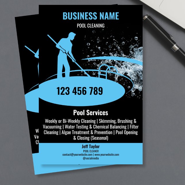 Poolstädningstjänster Poolunderhåll och reparation Flygblad (pool guy cleaning swimming pool logo, blue on black background)