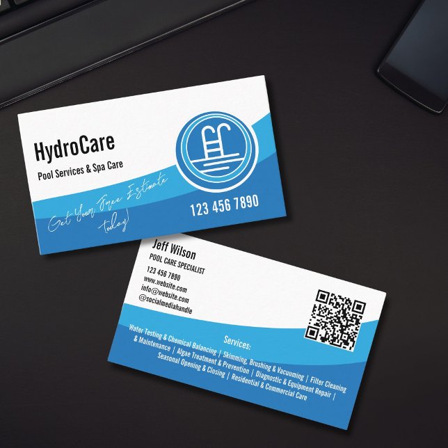 Poolunderhåll och rengöringstjänster visitkort (Pool Maintenance and Cleaning Services Business Card, blue on white background with a logo design an)