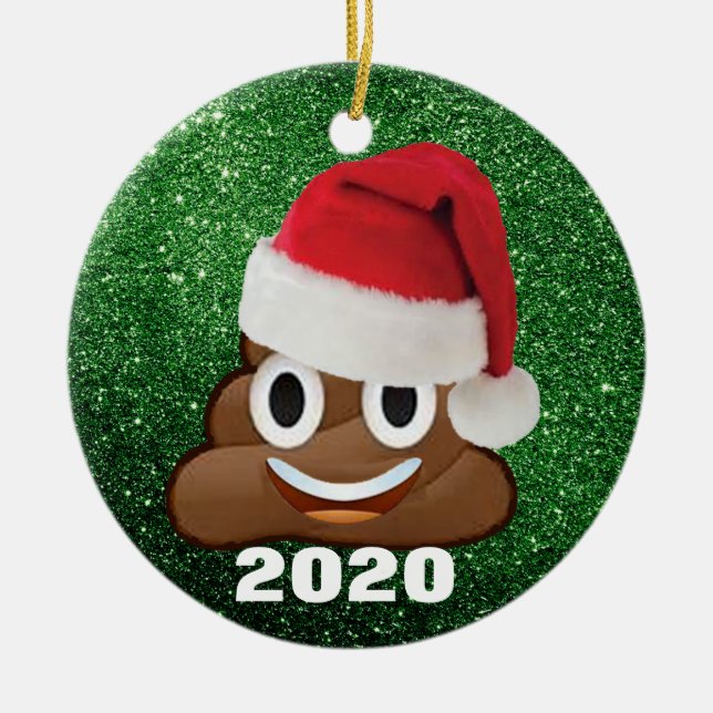 Poop Emoji Santa Hat Grönt Glitter 2020 jul Julgransprydnad Keramik (Framsidan)