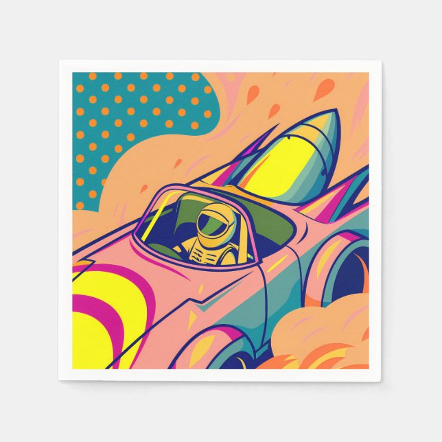 Pop Art Astronaut Driving Rocket Car Pappersservett (Framsidan)