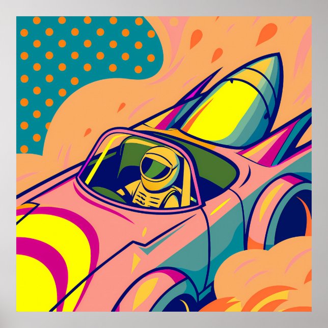 Pop Art Astronaut Driving Rocket Car Poster (Framsidan)