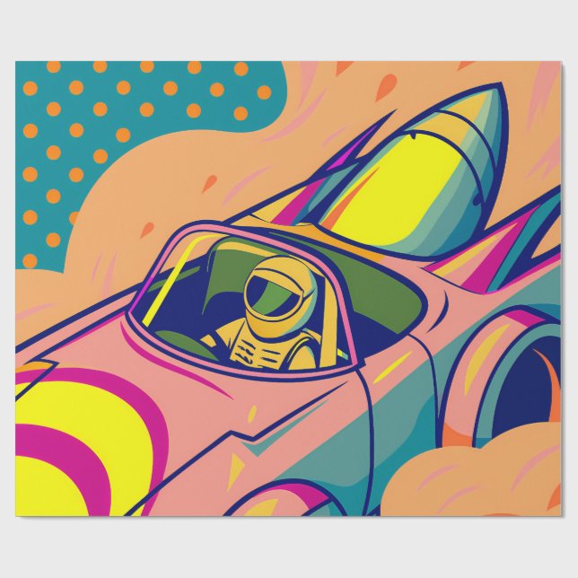 Pop Art Astronaut Driving Rocket Car Presentpapper (Platt)