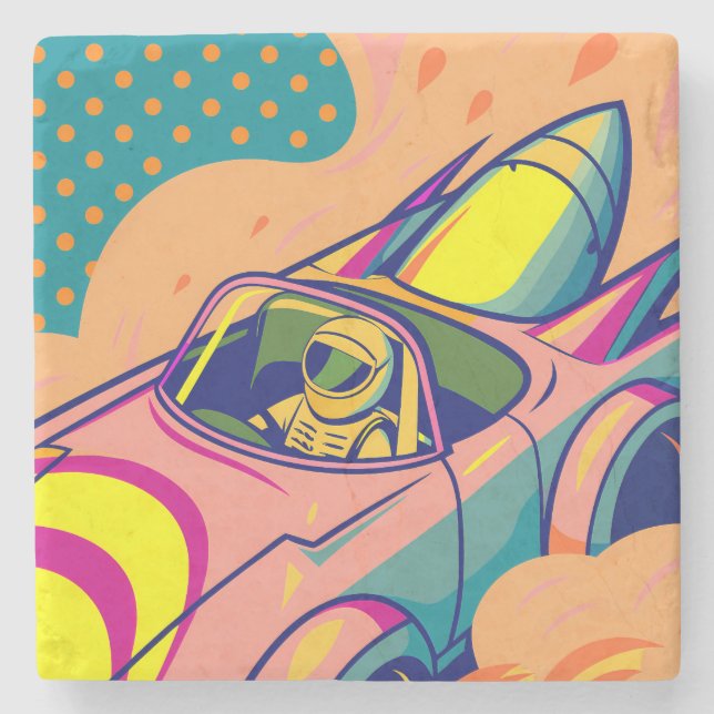 Pop Art Astronaut Driving Rocket Car Stenunderlägg (Framsidan)