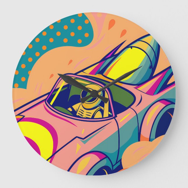 Pop Art Astronaut Driving Rocket Car Stor Klocka (Framsida)