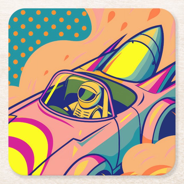 Pop Art Astronaut Driving Rocket Car Underlägg Papper Kvadrat (Framsidan)