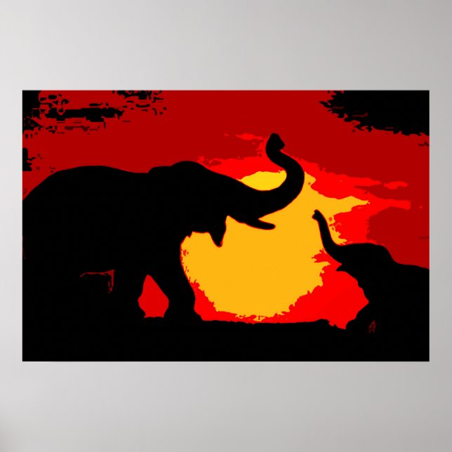 Pop Art Baby & Mamma Elephants vid Red Sunset Poster (Framsidan)