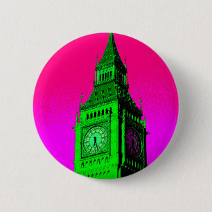 Pop Art Big Ben London Travel Rosa Grönt Knapp