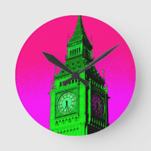 Pop Art Big Ben London Travel Rosa Grönt Rund Klocka