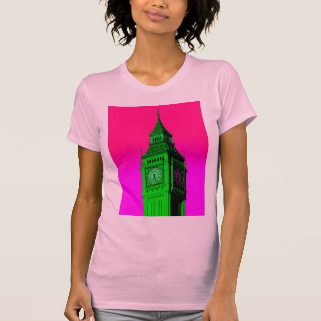 Pop Art Big Ben London Travel Rosa Grönt T-shirt (Framsida)