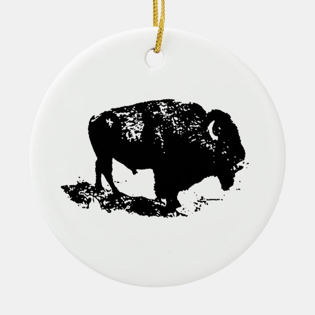 Pop Art Black White Buffalo Bison Silhouette Julgransprydnad Keramik (Framsidan)