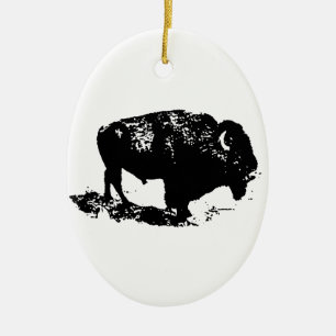 Pop Art Black White Buffalo Bison Silhouette Julgransprydnad Keramik