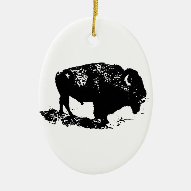 Pop Art Black White Buffalo Bison Silhouette Julgransprydnad Keramik (Framsidan)