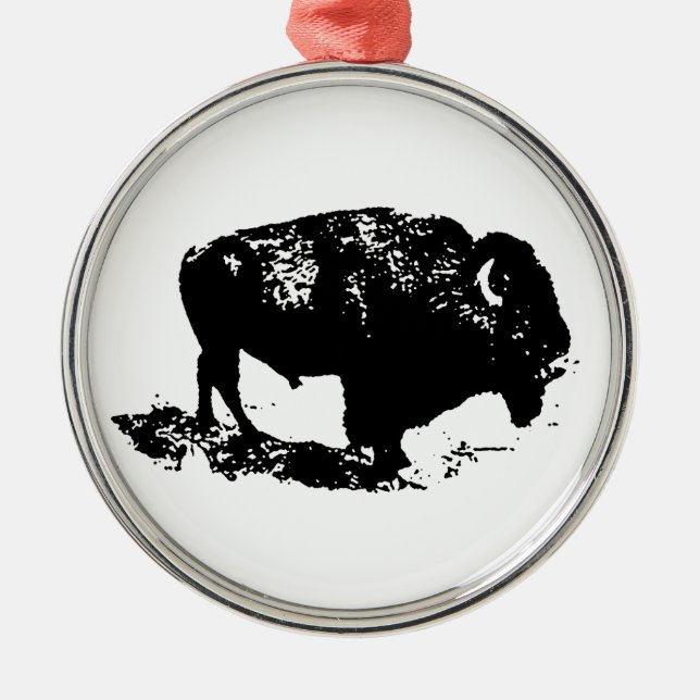 Pop Art Black White Buffalo Bison Silhouette Julgransprydnad Metall (Framsidan)