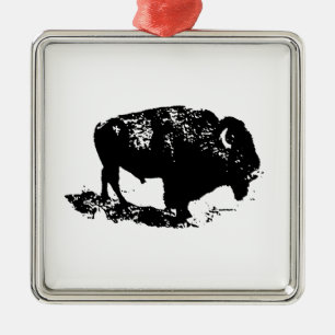 Pop Art Black White Buffalo Bison Silhouette Julgransprydnad Metall