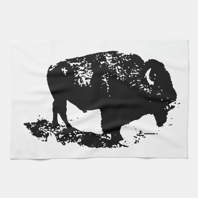 Pop Art Black White Buffalo Bison Silhouette Kökshandduk (Horisontell)