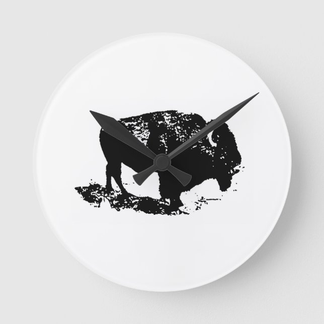 Pop Art Black White Buffalo Bison Silhouette Rund Klocka (Framsida)