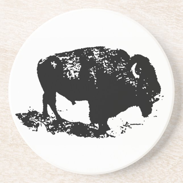 Pop Art Black White Buffalo Bison Silhouette Underlägg Sandsten (Framsidan)