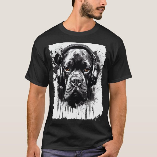 Pop Art Boxer Hund Graffiti Stil Headphone Music T Shirt (Framsida)