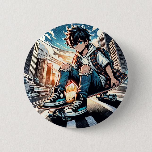 Pop Art Boy på Skateboard i City Knapp (Framsida)