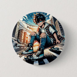 Pop Art Boy på Skateboard i City Knapp