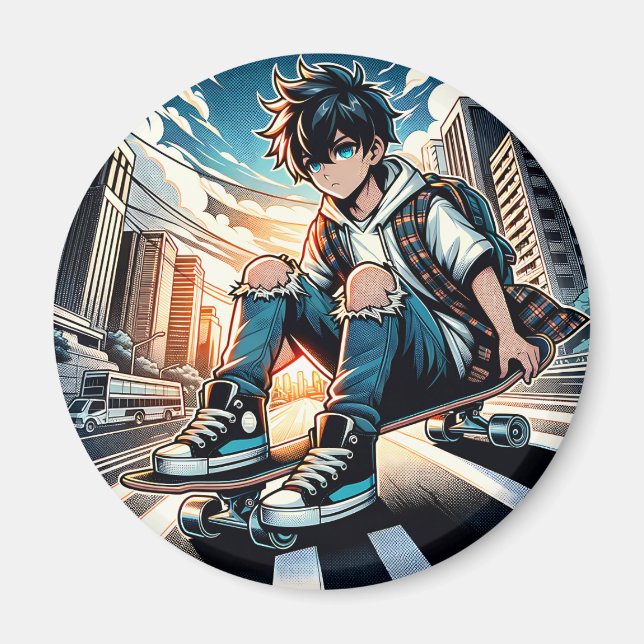 Pop Art Boy på Skateboard i City Magnet (Framsidan)