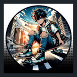 Pop Art Boy på Skateboard i City Poster<br><div class="desc">En animerad pojke som rider på sin skateboard och rider en stadsgata med rippade jeans och en tecknad bok stil art.</div>