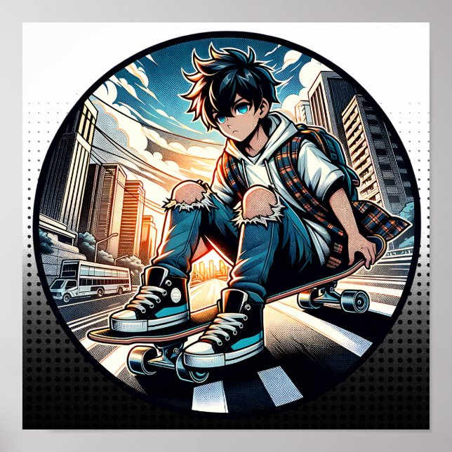 Pop Art Boy på Skateboard i City Poster (Framsidan)