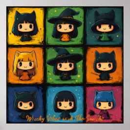 Pop Art Chibi Häxor Grid Söt Halloween Väggkonst