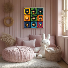 Pop Art Chibi Witches Grid Cute Halloween Wall Art Poster