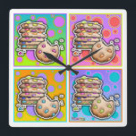 Pop Art Chocolate Chip COOKIES WALL CLOCK Fyrkantig Klocka<br><div class="desc">En contemporary,  popkonst inspirerad,  bild med en stapel av Chocolate Chip COOKIES med regnbåge färgad chip mot en bakgrund av färgstarkt polka dots på en roligt WALL CLOCK.</div>