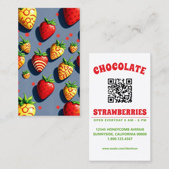 pop art chocolate strawberries with qr code visitkort (Fram/baksida)