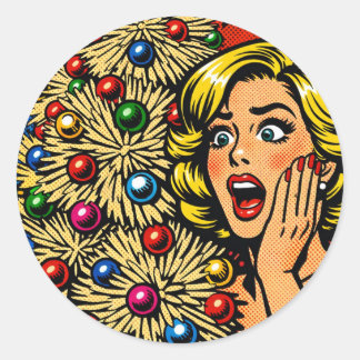 Pop Art Christmas, shocked expression, funky tree  Runt Klistermärke
