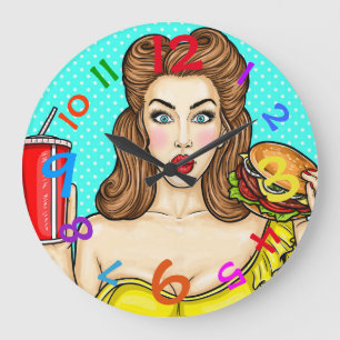 Pop Art Clock Girl Eating Hamburger Colorful Stor Klocka