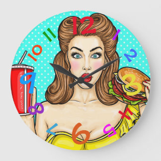 Pop Art Clock Girl Eating Hamburger Colorful Stor Klocka